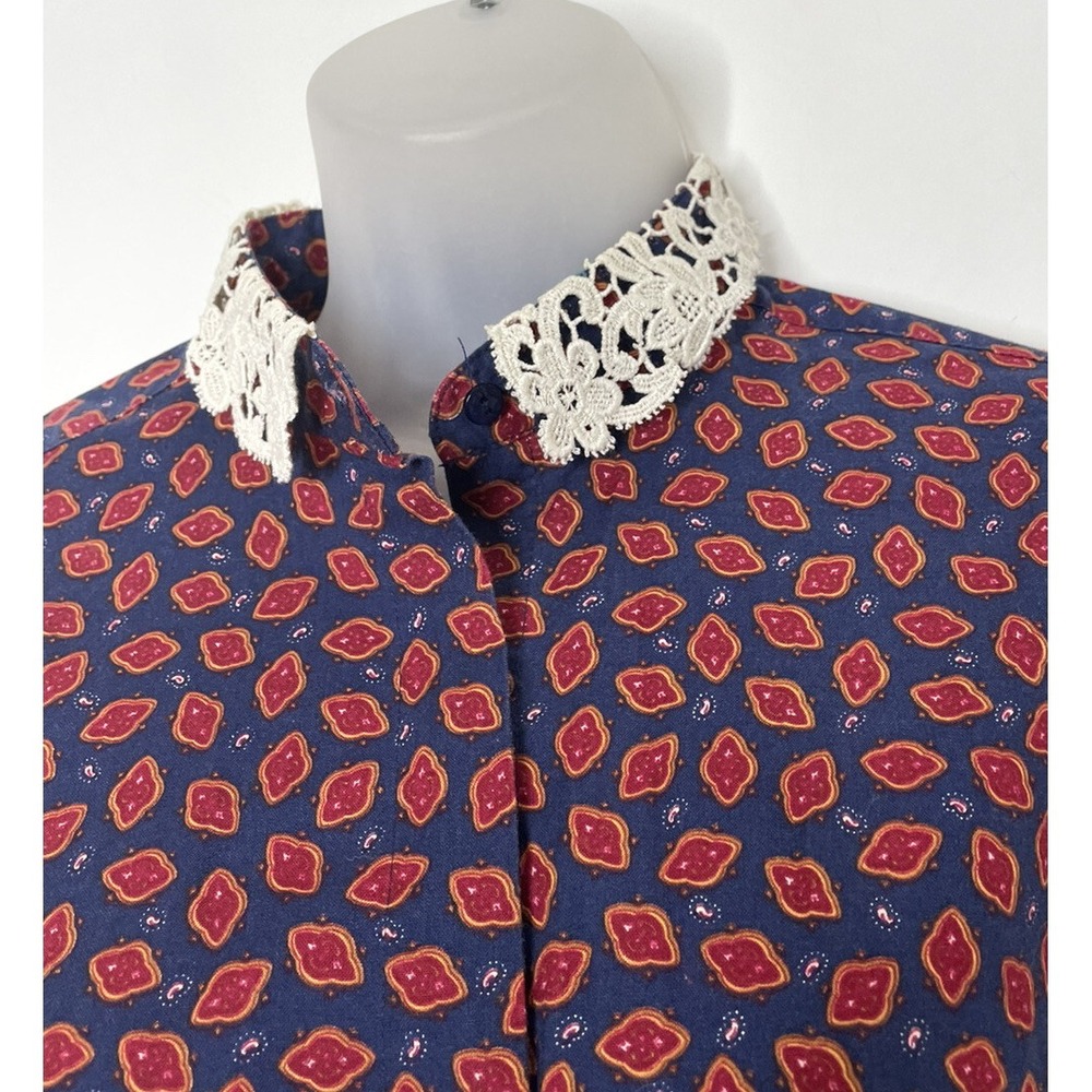 Vintage Top Lace Collar Paisley Print S Long Puff Sleeves Blue Red Button Up Y2K - Picture 8 of 12